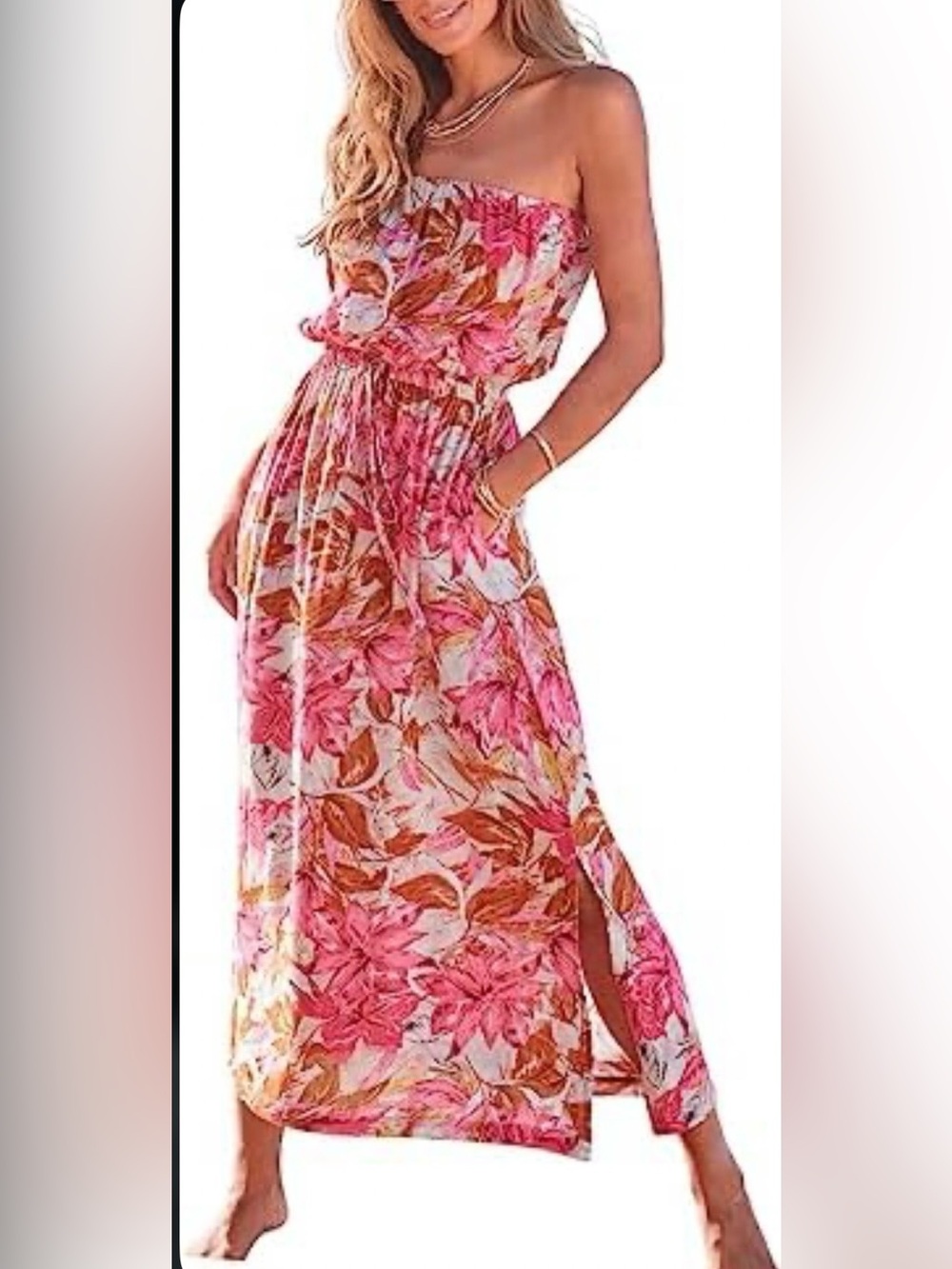Lascana Women's Strapless Side Slit Maxi Dress Pink Multi Floral Size 6 NWT